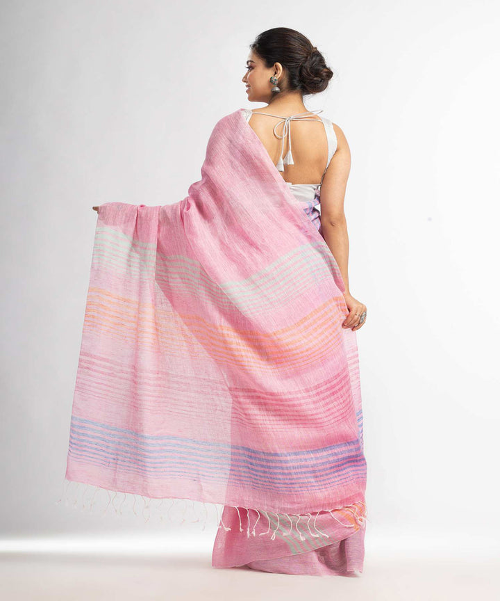 Pink handwoven bengal linen saree