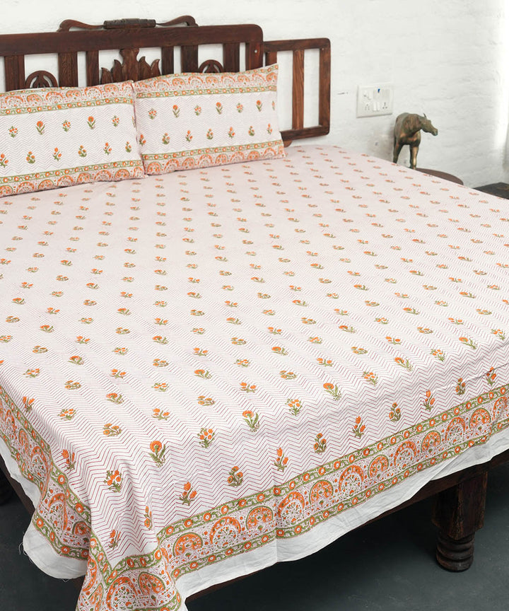 White multicolour hand block printed sanganeri cotton double bed bedsheet