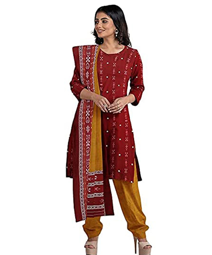 Maroon mustard handwoven cotton nuapatna dress material