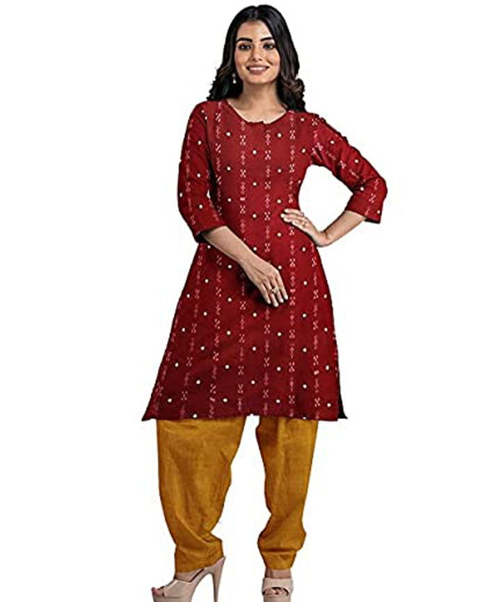 Maroon mustard handwoven cotton nuapatna dress material