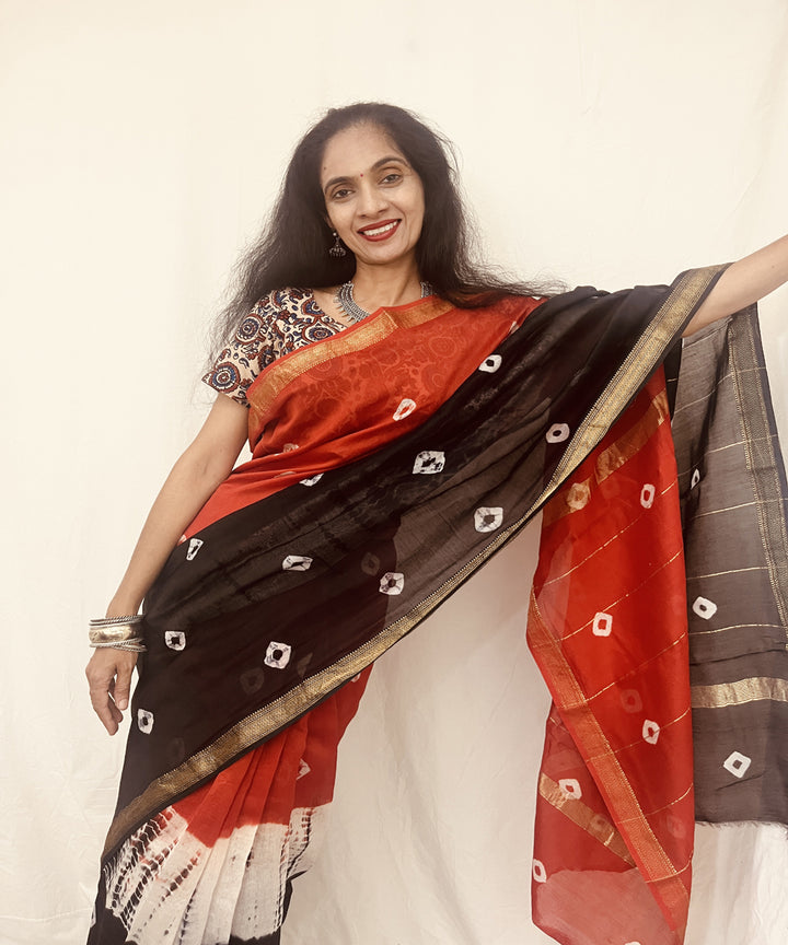 Red black hand block bandhani print maheswari sico saree