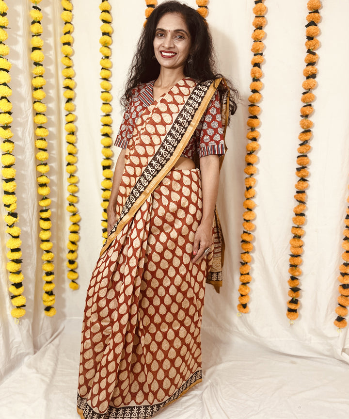 Beige red hand block bagru print chanderi sico saree