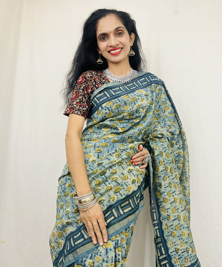 Sea green hand block ajrakh dabu printed chanderi sico saree