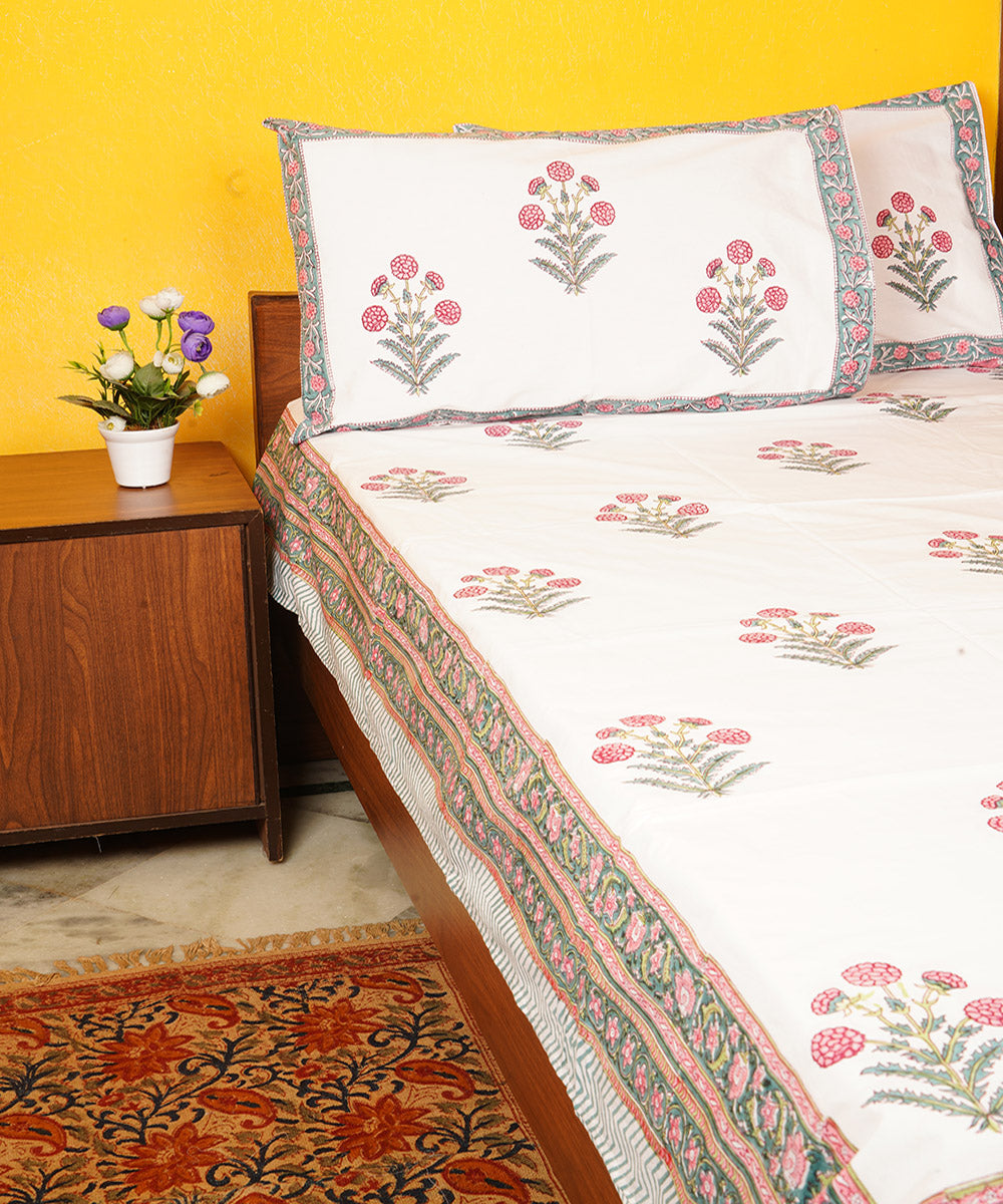 White green floral hand block printed cotton double bedsheet