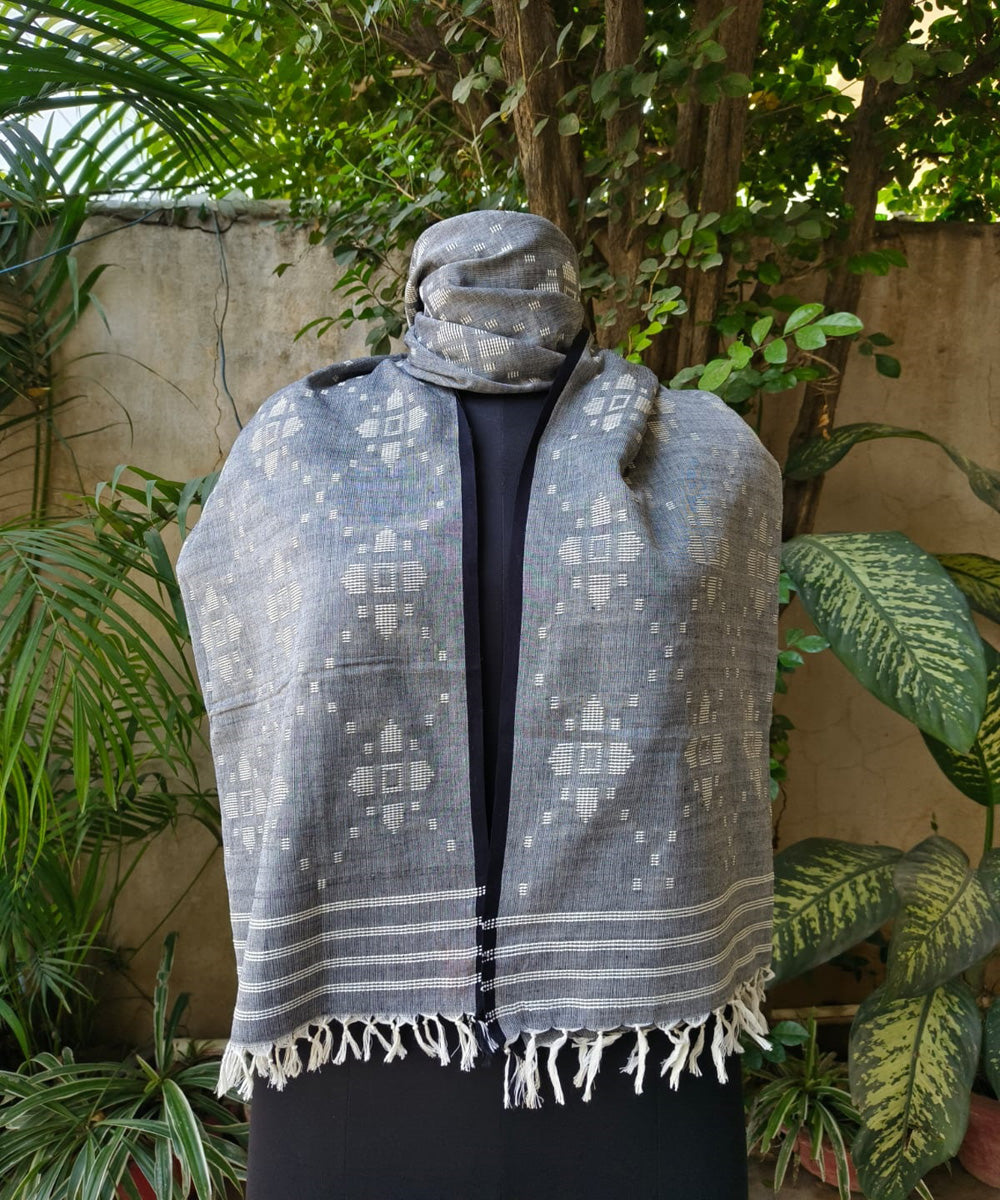 Grey kora extra weft handwoven cotton stole