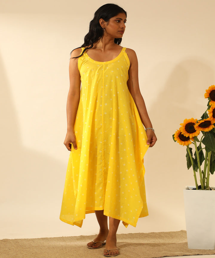 Yellow handcrafted bandhani cotton long dress