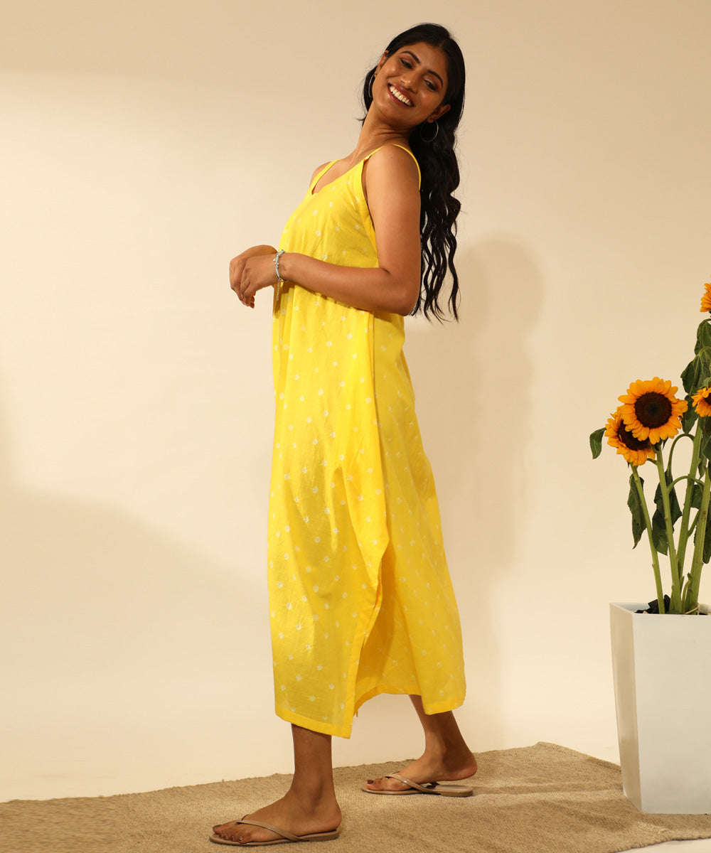 Yellow handcrafted bandhani cotton long dress
