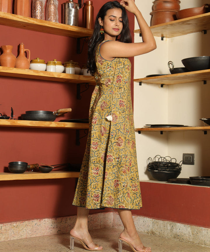 Yellow handcrafted boat neck kalamkari cotton dress