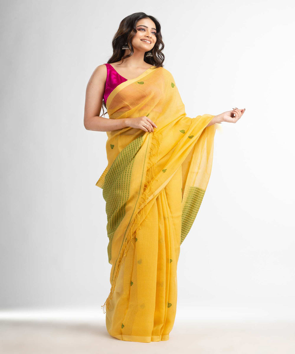 Yellow handwoven bengal cotton silk saree