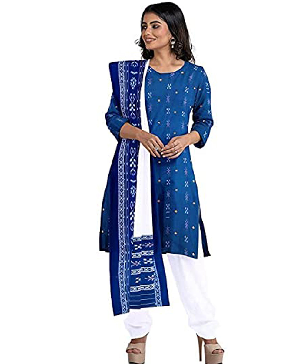 Navy blue white handwoven cotton nuapatna dress material