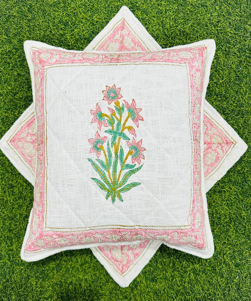 Pink white cotton hand block printed quilted foam cushion cover