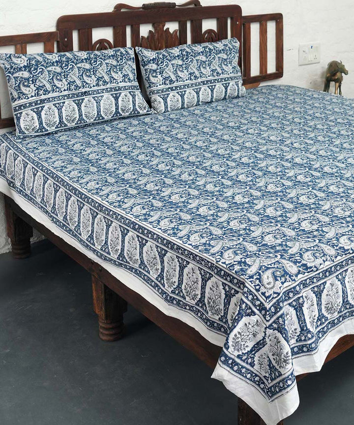 White blue block printed cotton double bed bedsheet