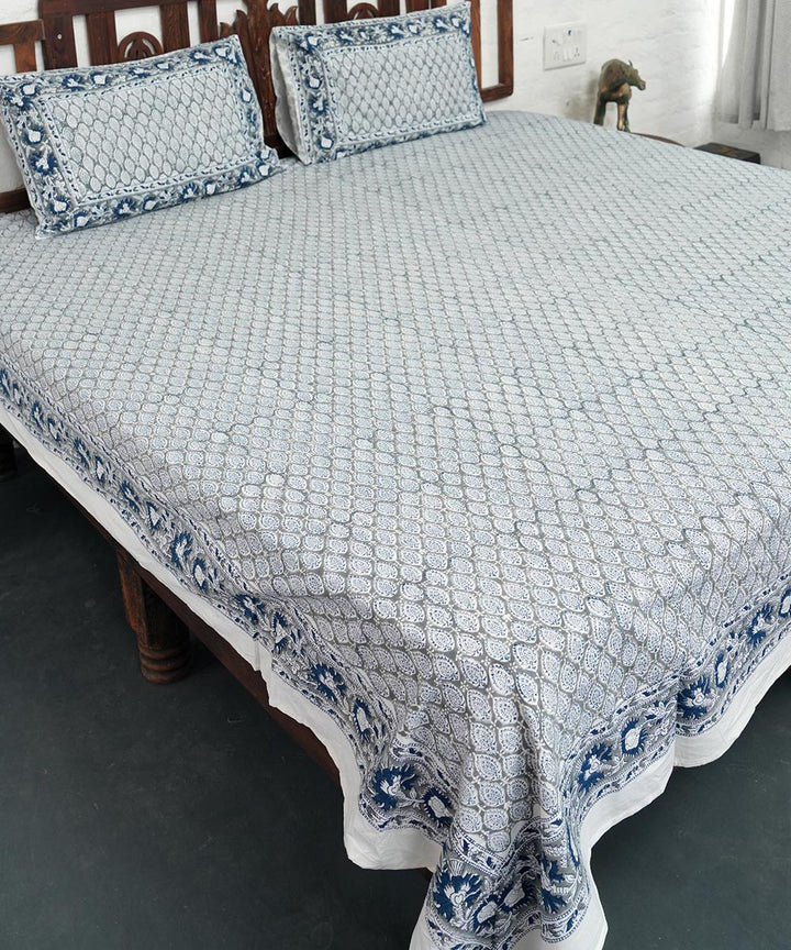 White grey block printed sanganeri cotton double bed bedsheet