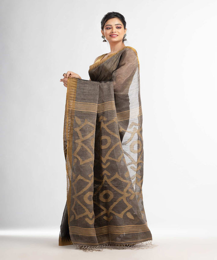 Grey handwoven bengal linen saree
