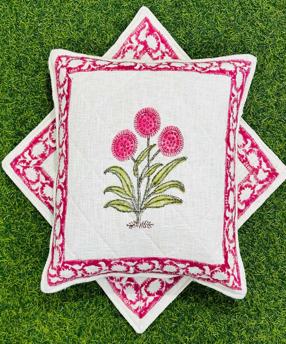 Pink white hand block printed quilted foam cotton cushion cover