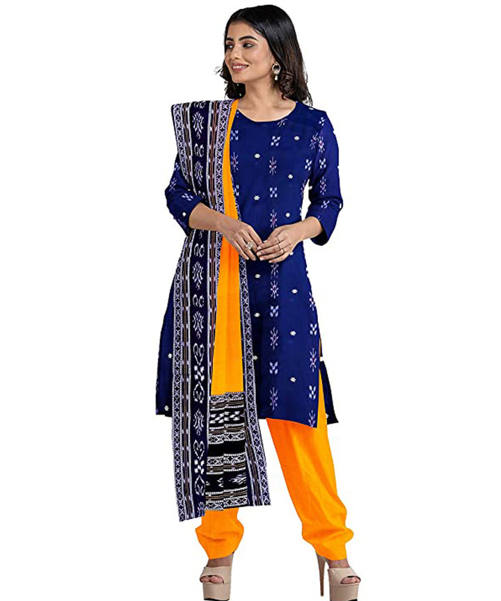 Dark blue yellow handwoven cotton nuapatna dress material