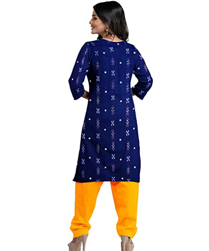 Dark blue yellow handwoven cotton nuapatna dress material