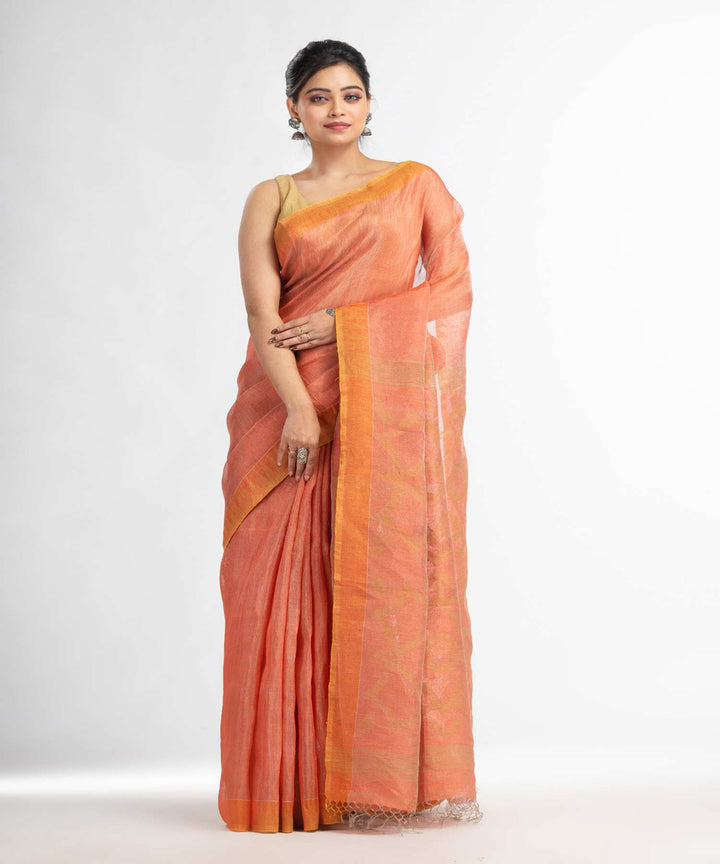 Peach handwoven bengal linen saree