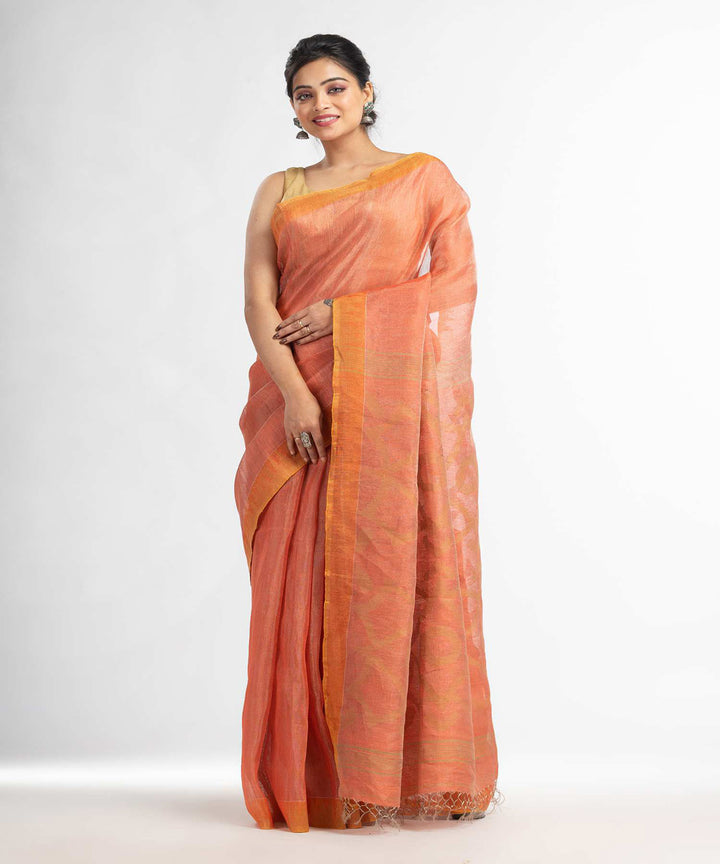 Peach handwoven bengal linen saree