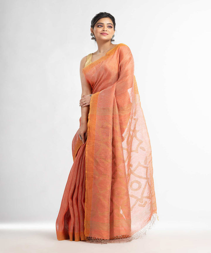 Peach handwoven bengal linen saree