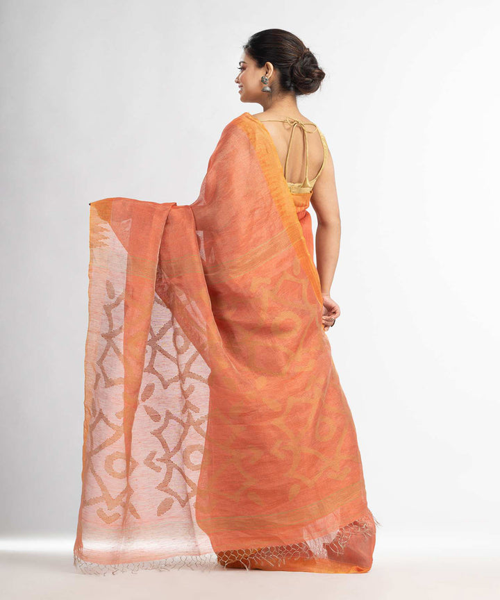 Peach handwoven bengal linen saree