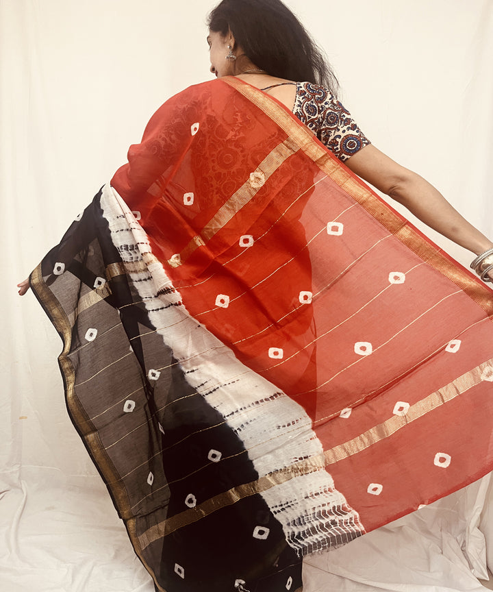Red black hand block bandhani print maheswari sico saree
