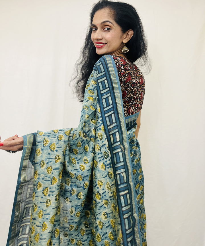 Sea green hand block ajrakh dabu printed chanderi sico saree