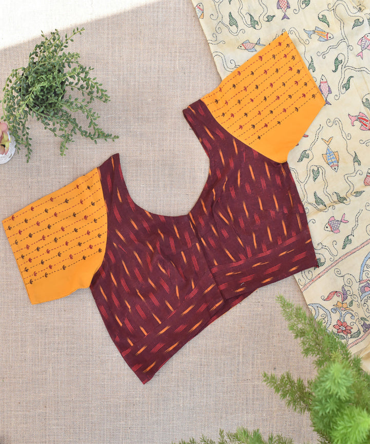 Mustard maroon handwoven ikat embroidered blouse