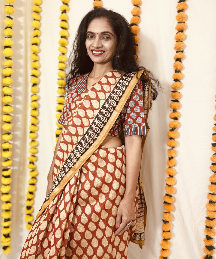 Beige red hand block bagru print chanderi sico saree