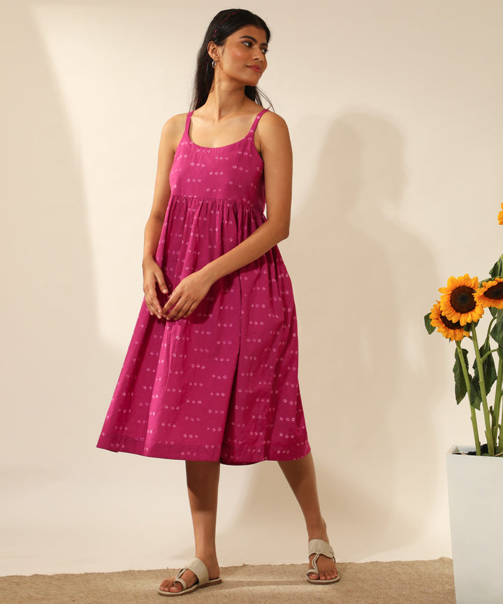 Pink handcrafted bandhani cotton knee length dress