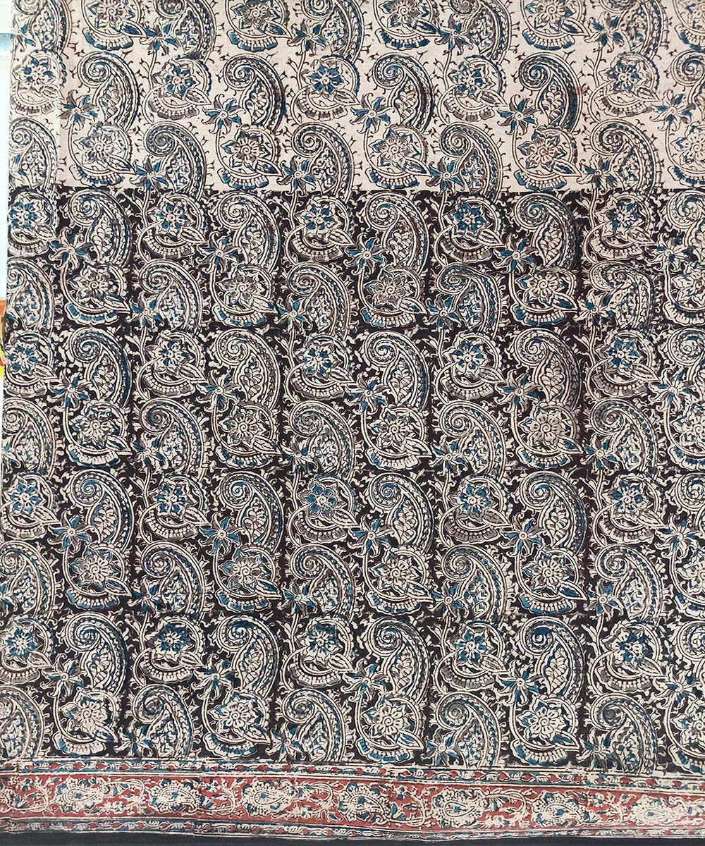 Offwhite black kalamkari hand printed cotton saree