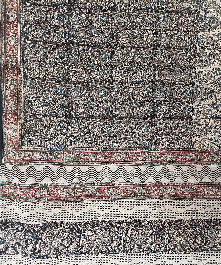 Offwhite black kalamkari hand printed cotton saree