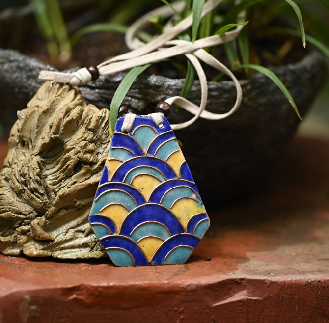 Multicolor copper enamel pendant with faux leather string wooden bead