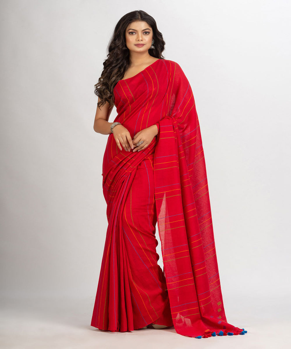 Red handwoven cotton bengal saree