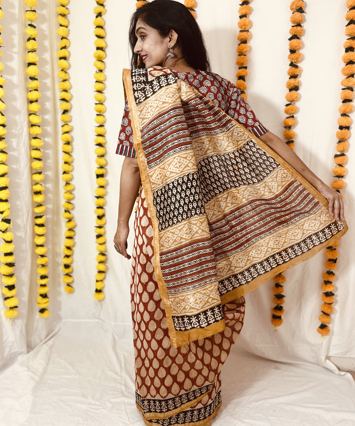 Beige red hand block bagru print chanderi sico saree