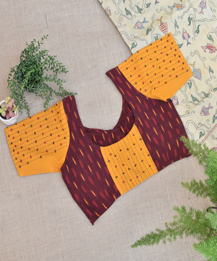 Mustard maroon handwoven ikat embroidered blouse