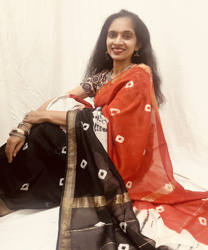 Red black hand block bandhani print maheswari sico saree