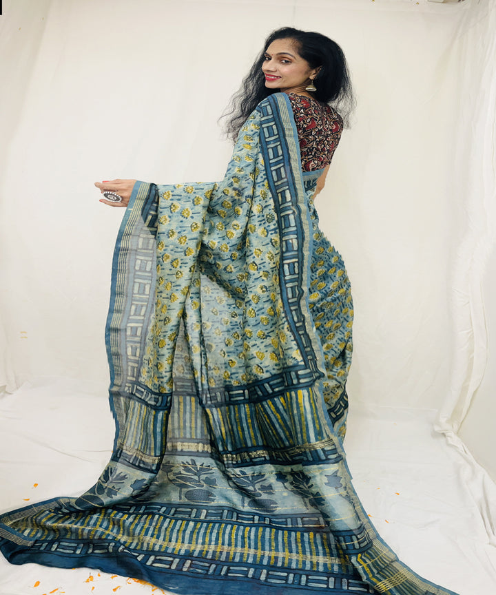 Sea green hand block ajrakh dabu printed chanderi sico saree