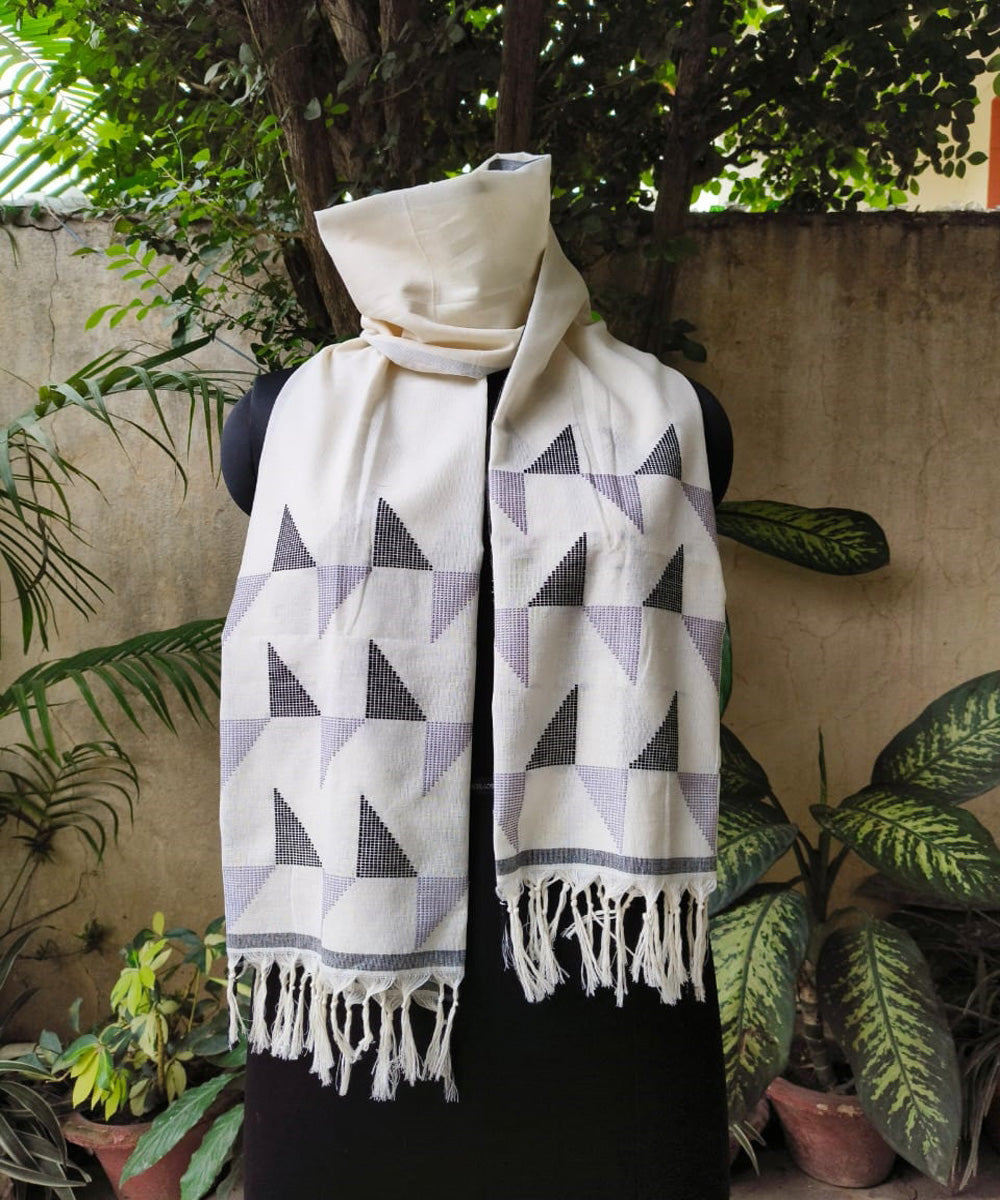 Beige black grey handwoven extra weft cotton stole