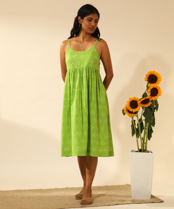 Green handcrafted bandhani cotton knee length dress