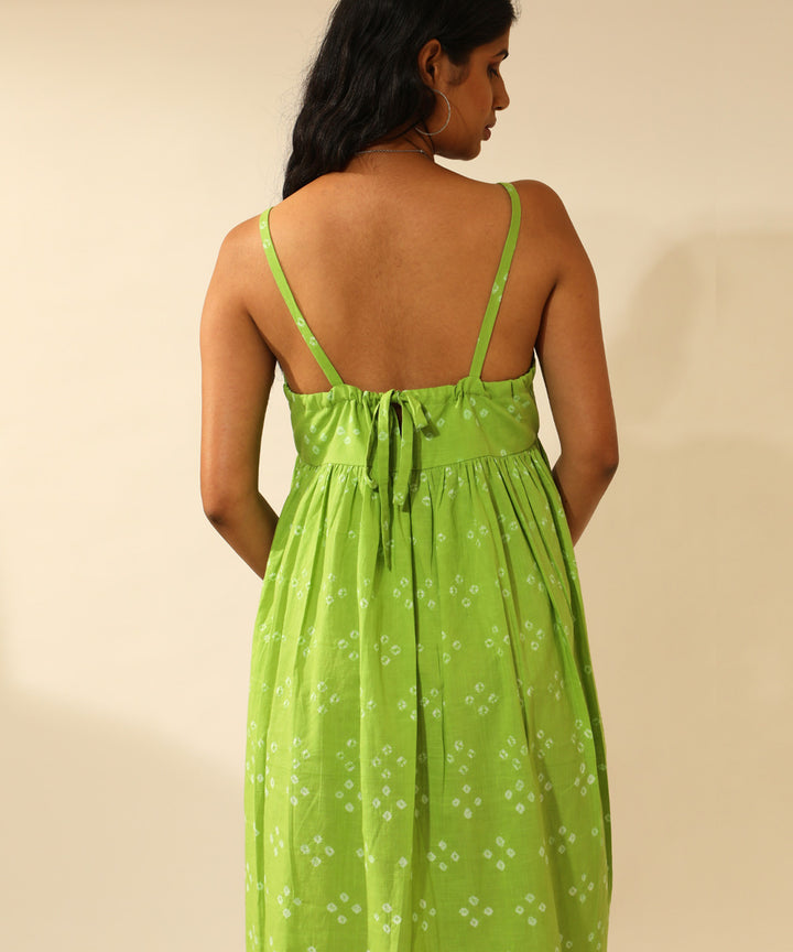 Green handcrafted bandhani cotton knee length dress