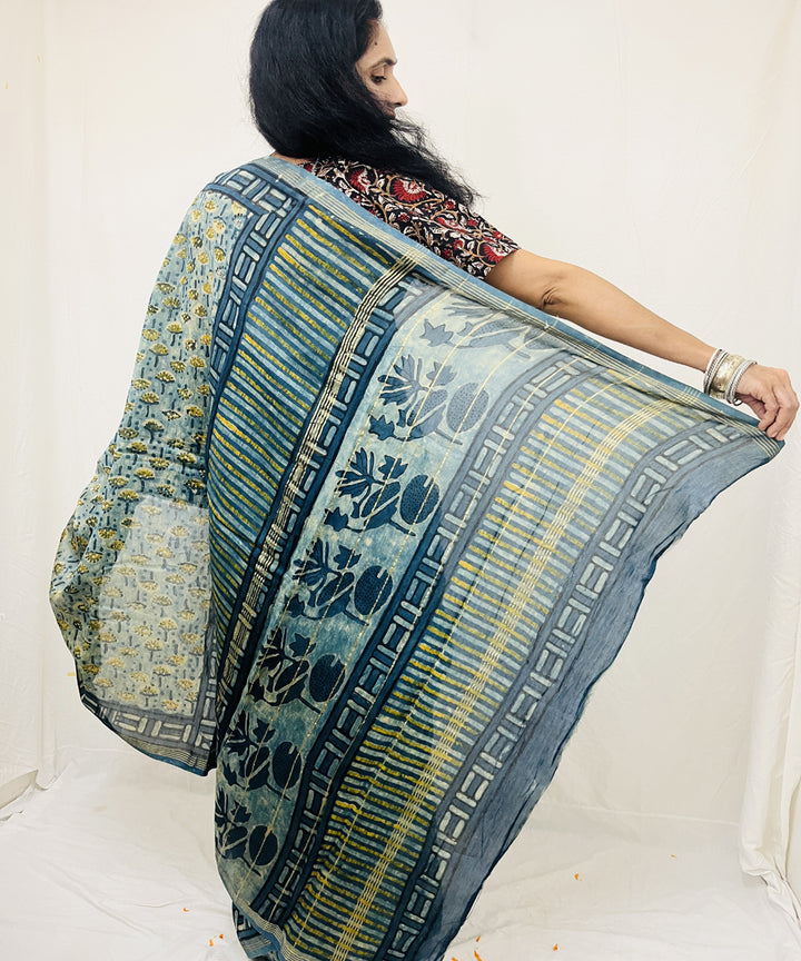 Sea green hand block ajrakh dabu printed chanderi sico saree