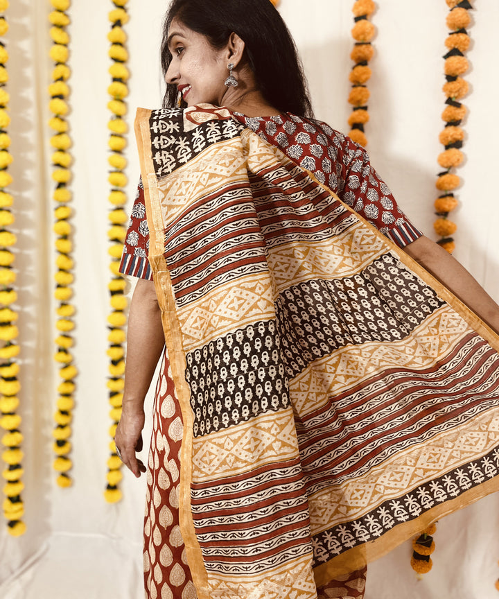 Beige red hand block bagru print chanderi sico saree