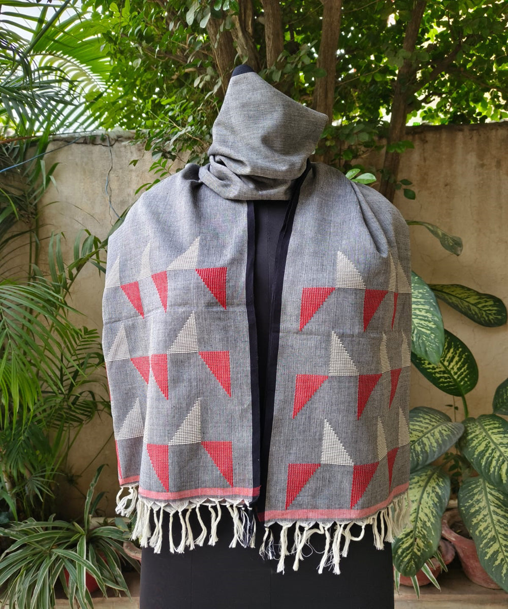 Grey kora red handwoven extra weft cotton stole