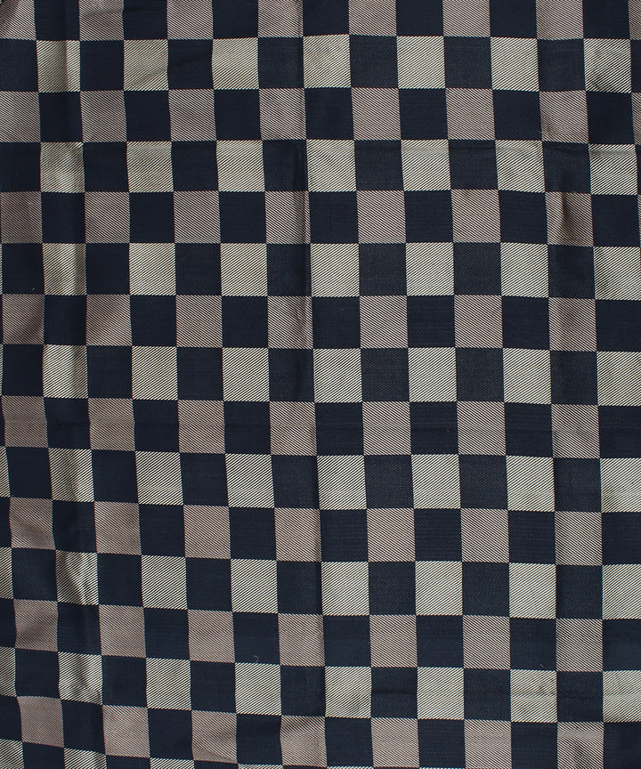 Navy blue grey check brocade silk banarasi fabric
