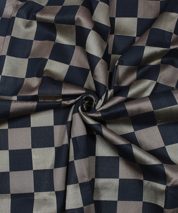Navy blue grey check brocade silk banarasi fabric