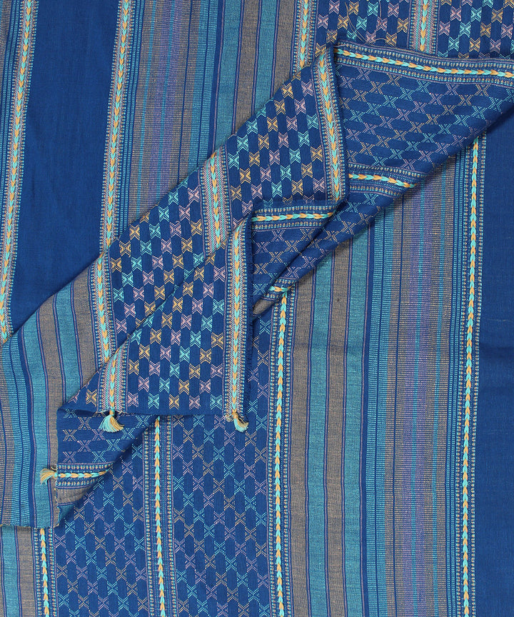 Navy blue striped extra weft linen bhuj fabric