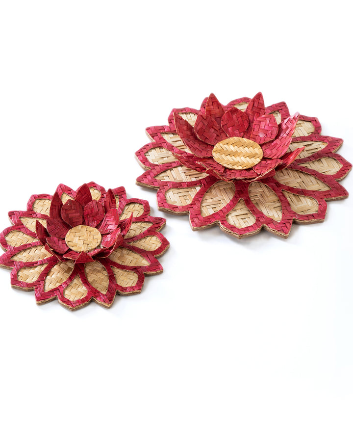 Maroon handcrafted bamboo rangoli with lotus tea light holder