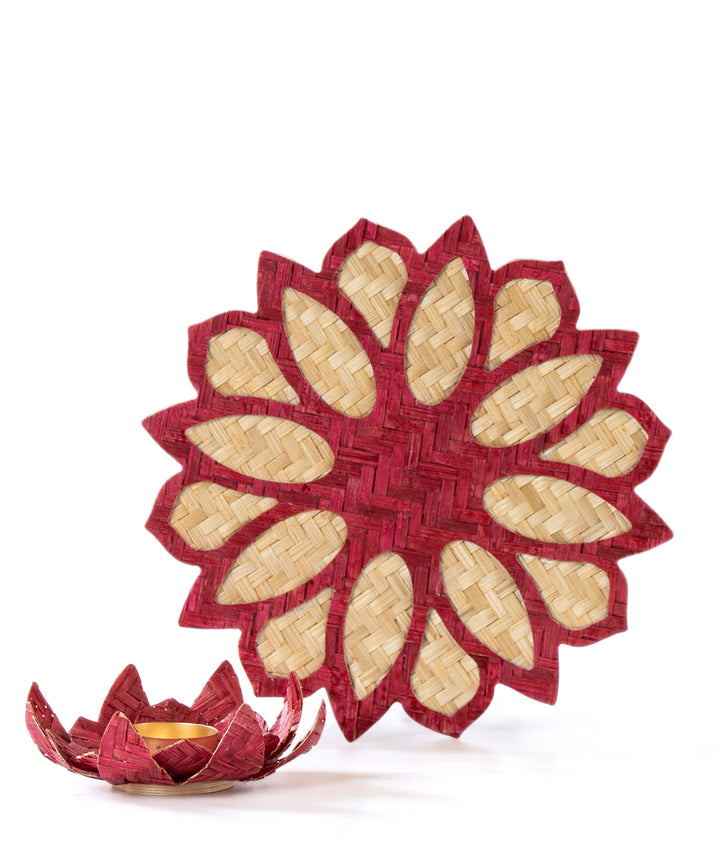 Maroon handcrafted bamboo rangoli with lotus tea light holder
