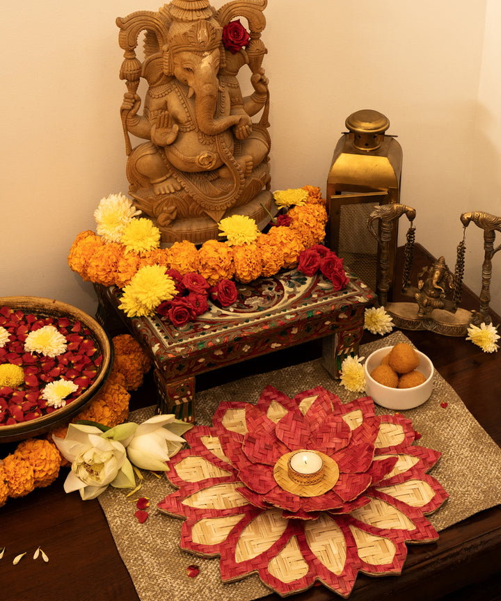 Maroon handcrafted bamboo rangoli with lotus tea light holder